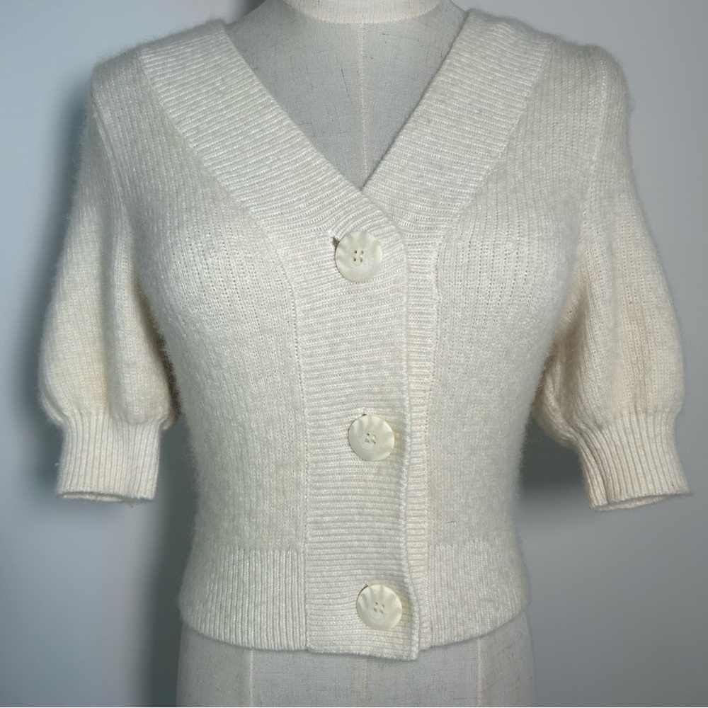 Anthropologie Cream Button Front V-Neck Short Sleeve Cardigan